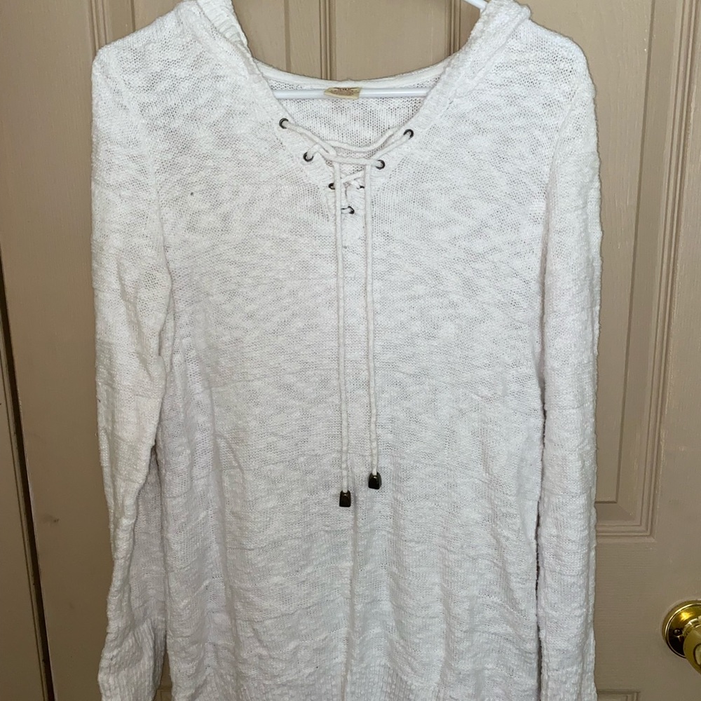 Knit hooded sweater with cross cross neckline